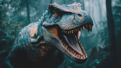 Roaring dinosaur lunges forward in a misty primeval jungle