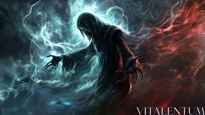 Spectral hooded entity manipulating dual-colored ethereal energy fields