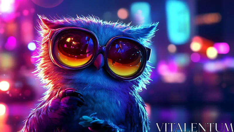 Neon city owl in oversized sunset glasses at night.