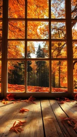 Golden autumn forest glows beyond rustic sunlit window