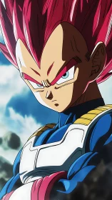 Anime warrior with crimson hair in armored stance.