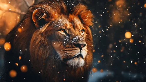 Male lion in winter environment with snow and bokeh lights.