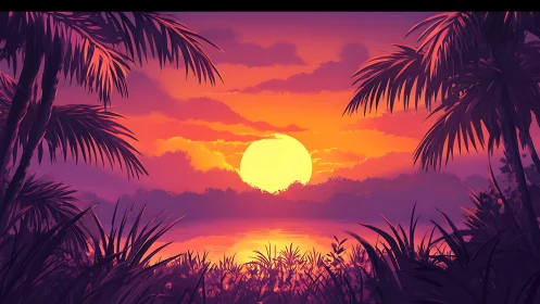 Gentle tropical sunset cradled by glowing palm silhouettes.