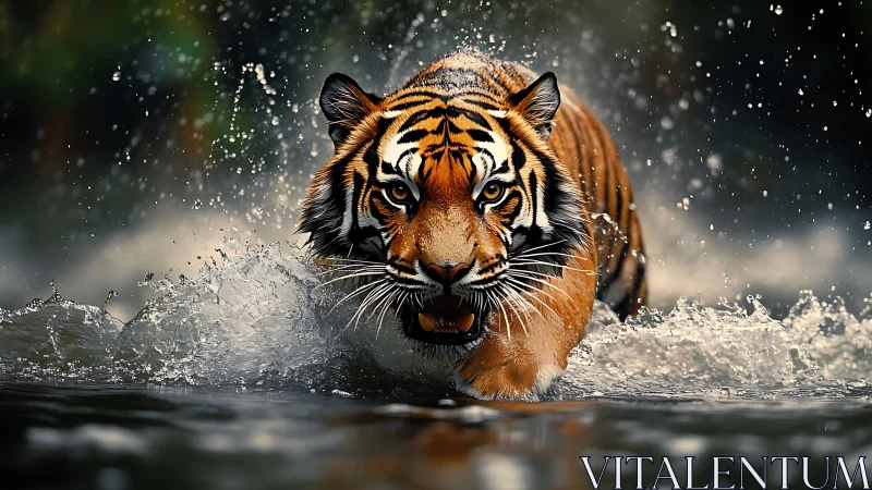Predatory tiger charge through splashing river waters.