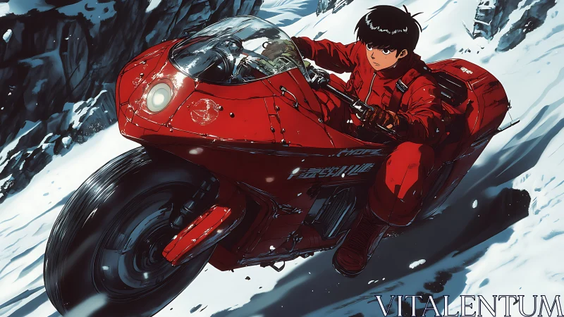 Red futuristic bike slices through snowbound mountain pass.