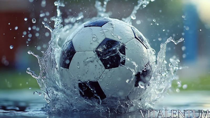 Joyful soccer ball splashing into water with playful energy.