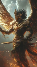 Winged armored figure with sword in fiery atmospheric scene.