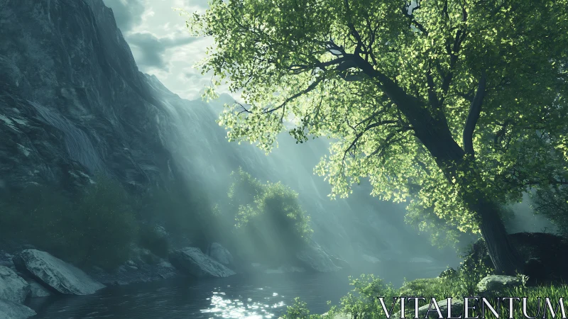 Sunlit riverbank beneath dramatic misty mountain cliffs.