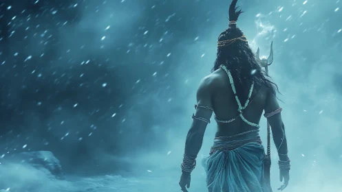 Mythic warrior silhouette strides through icy storm