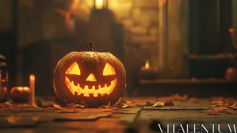 Glowing carved jack-o’-lantern anchors warm nocturnal doorstep scene