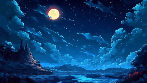 High-contrast moonlit landscape with stylized volumetric clouds