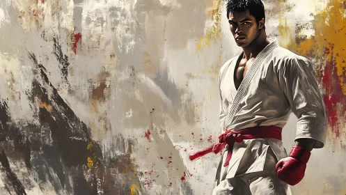 Martial artist in gi with red belt and glove, abstract backdrop.