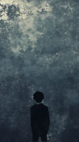 Silhouetted figure beneath textured cloudy night sky.