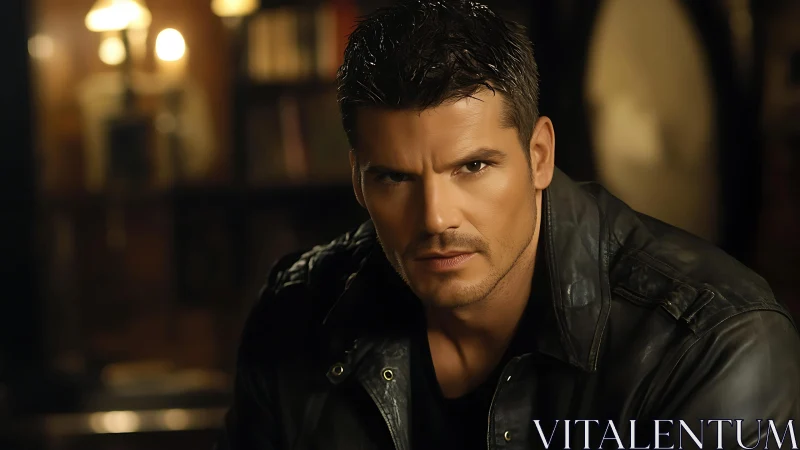 Low key portrait of intense man in leather jacket indoors