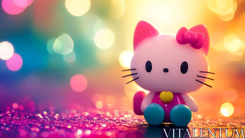 Plastic cartoon cat figurine on glitter surface, bokeh lights.