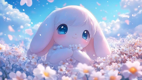 Gentle bunny daydream in a glowing pastel flower meadow.