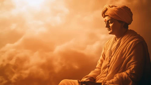 Monochromatic digital portrait of meditative sage in clouds