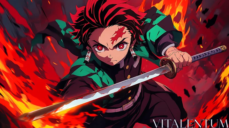 Fiery anime swordsman charges forward with blazing resolve