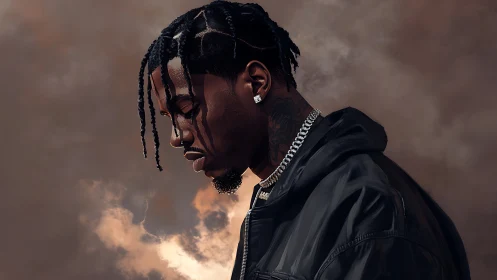 Moody portrait of reflective man under glowing storm clouds.