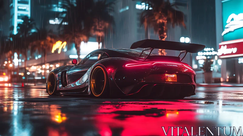 Low-slung sports car cuts neon-lit boulevard during rain