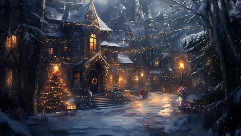 Nocturnal snowlit village street with luminous festive decor.