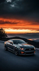 Dark coupe on mountain road under layered sunset sky.
