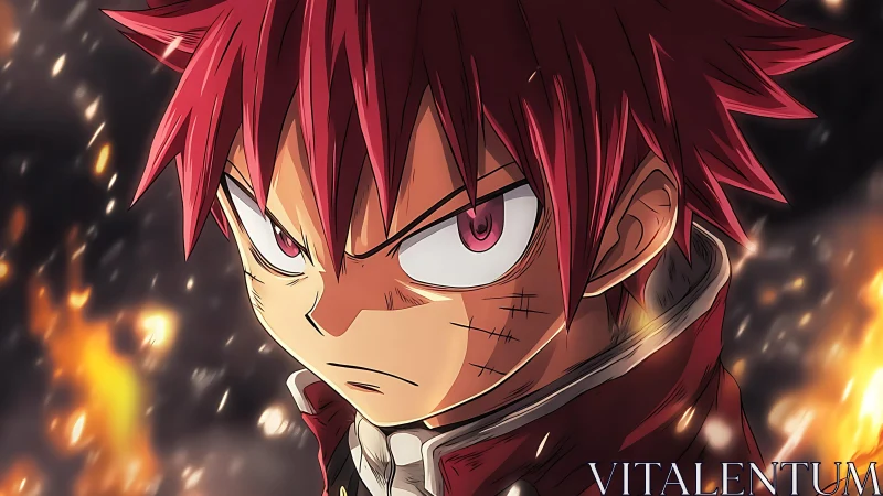 Red‑haired anime warrior amid blazing ember storm stare.