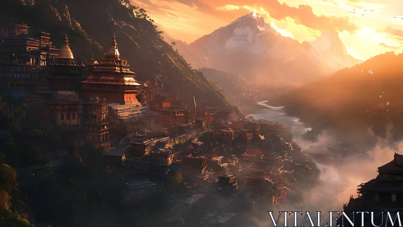 Sunlit mountain kingdom wrapped in mist and quiet wonder.