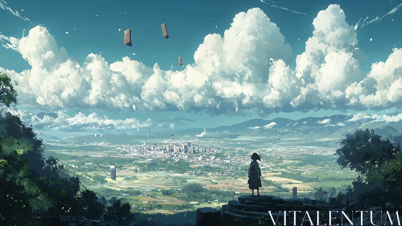 Surreal valley city under drifting monolith clouds panorama.