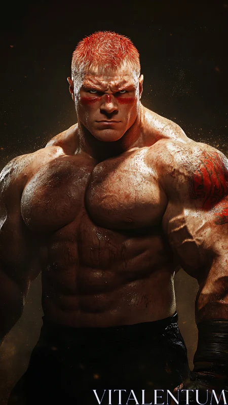 Sinewed titan glares through embers while battle sweat blazes