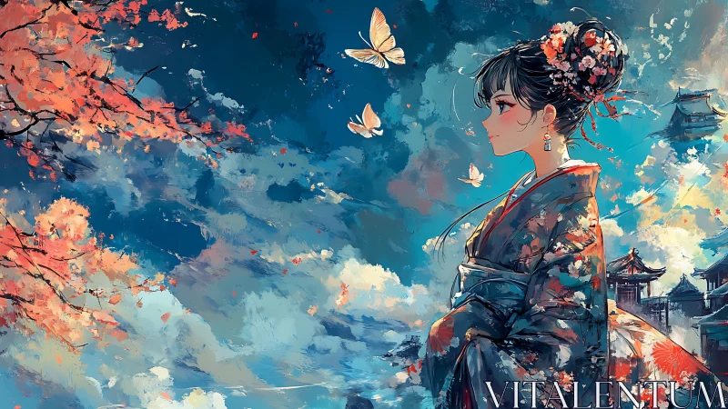 Gentle kimono dream welcomes butterflies in a painted sky