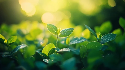 Morning light bathes fresh green leaves with dewdrops.