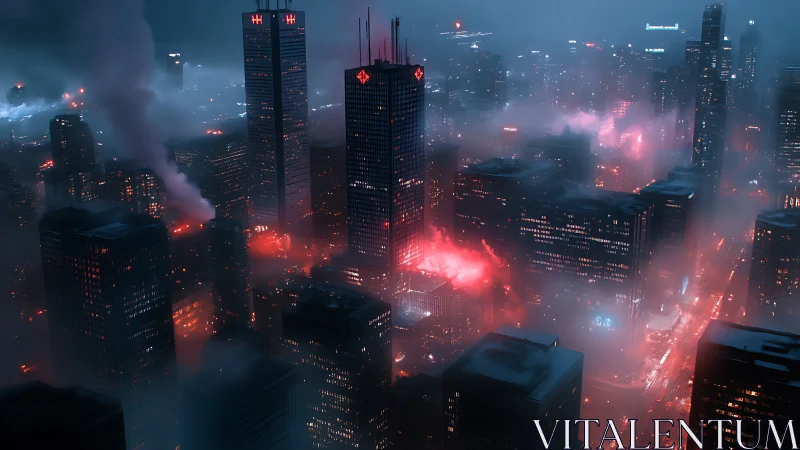 Neon fog engulfs cyberpunk high-rises in a nocturnal skyline