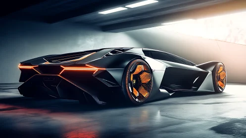Futuristic concept supercar is rendered in a lit tunnel