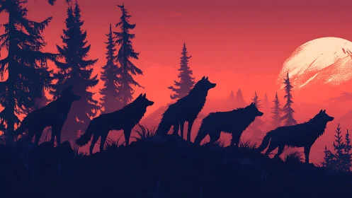 Silhouetted wolf pack aligned on ridge under saturated crimson moon