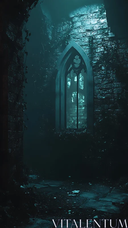 Moonlit gothic window illuminates ruined stone corridor