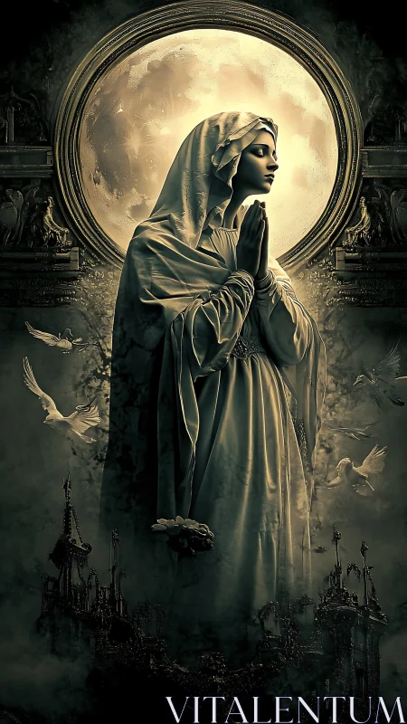 Moonlit praying figure stands serene amid rising doves