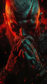 Cinematic warrior portrait in dual-tone volumetric lighting.