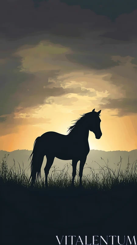Silhouetted horse stands in glowing sunset over quiet field