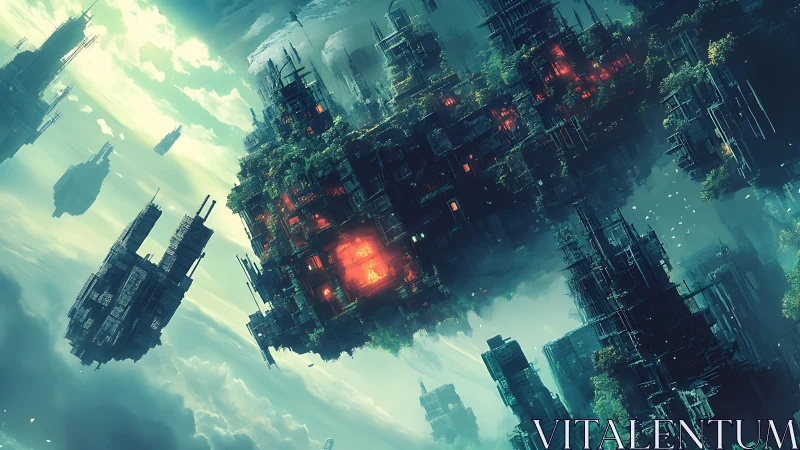 Skybound jungle megacity drifts through emerald stormlight.