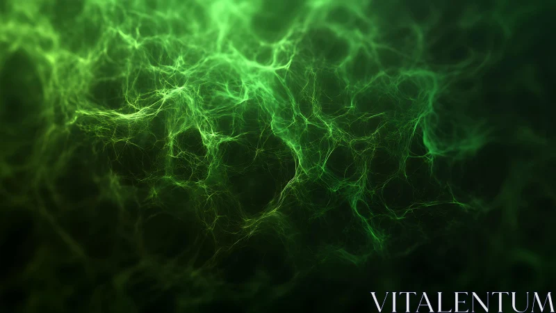 Abstract glowing green neural network web on dark background.