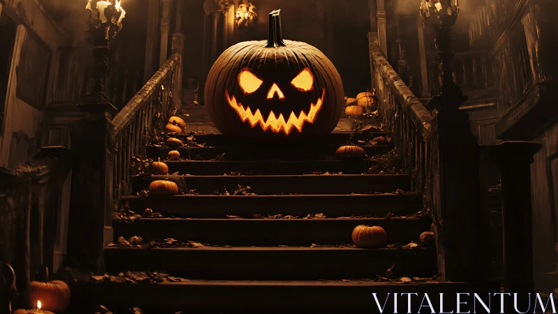 Large carved jack-o-lantern sits on decayed interior staircase