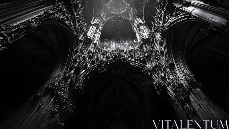 Gothic cathedral interior rendered in stark monochrome light.