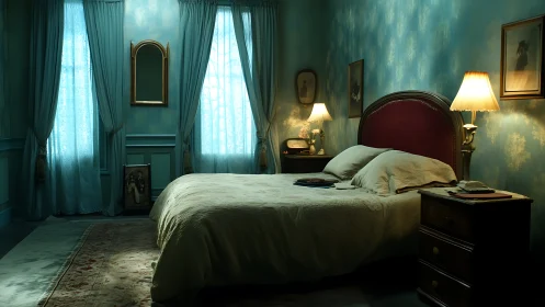 Cozy vintage bedroom glowing with lamplight and memories.