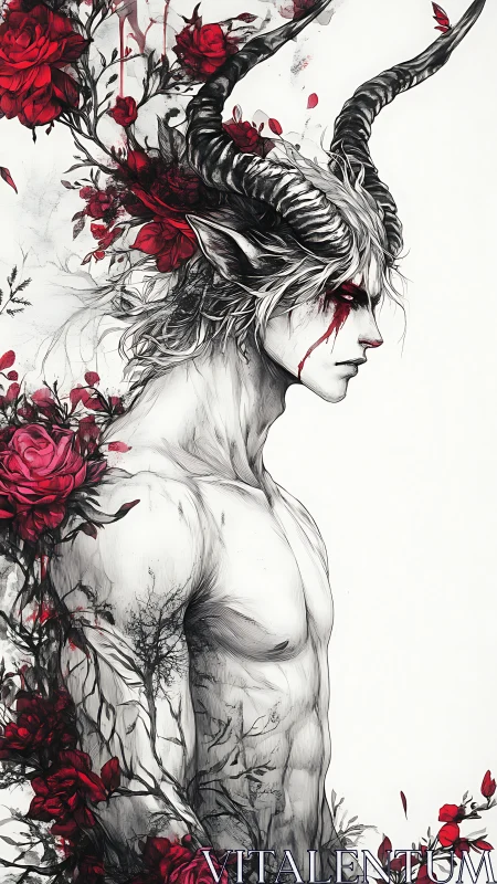Horned humanoid profile entwined with red floral ink