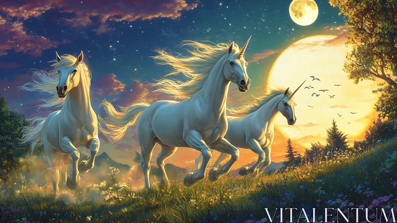 Three white unicorns running under large moonlit sky.