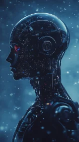 Side-profile cybernetic android with transparent cranial shell