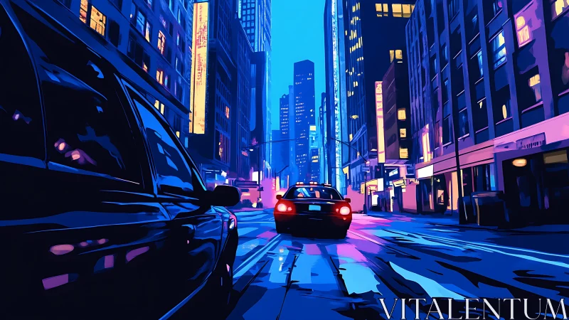 Neon city street glows around cruising night traffic.