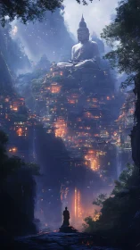 Silent Buddha above ember-lit canyon city of prayer.
