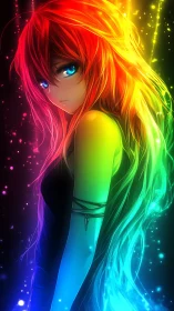 Chromatic-haired anime girl under neon particle light effects